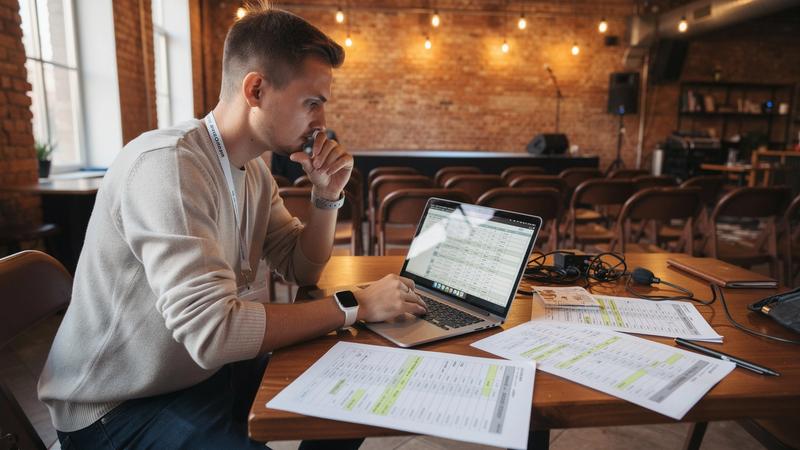 A Kyiv event coordinator reviewing a run-of-show schedule with a laptop and printed timing sheets